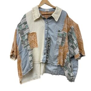 POL Patchwork Denim Woven Long Sleeve Collared Shirt